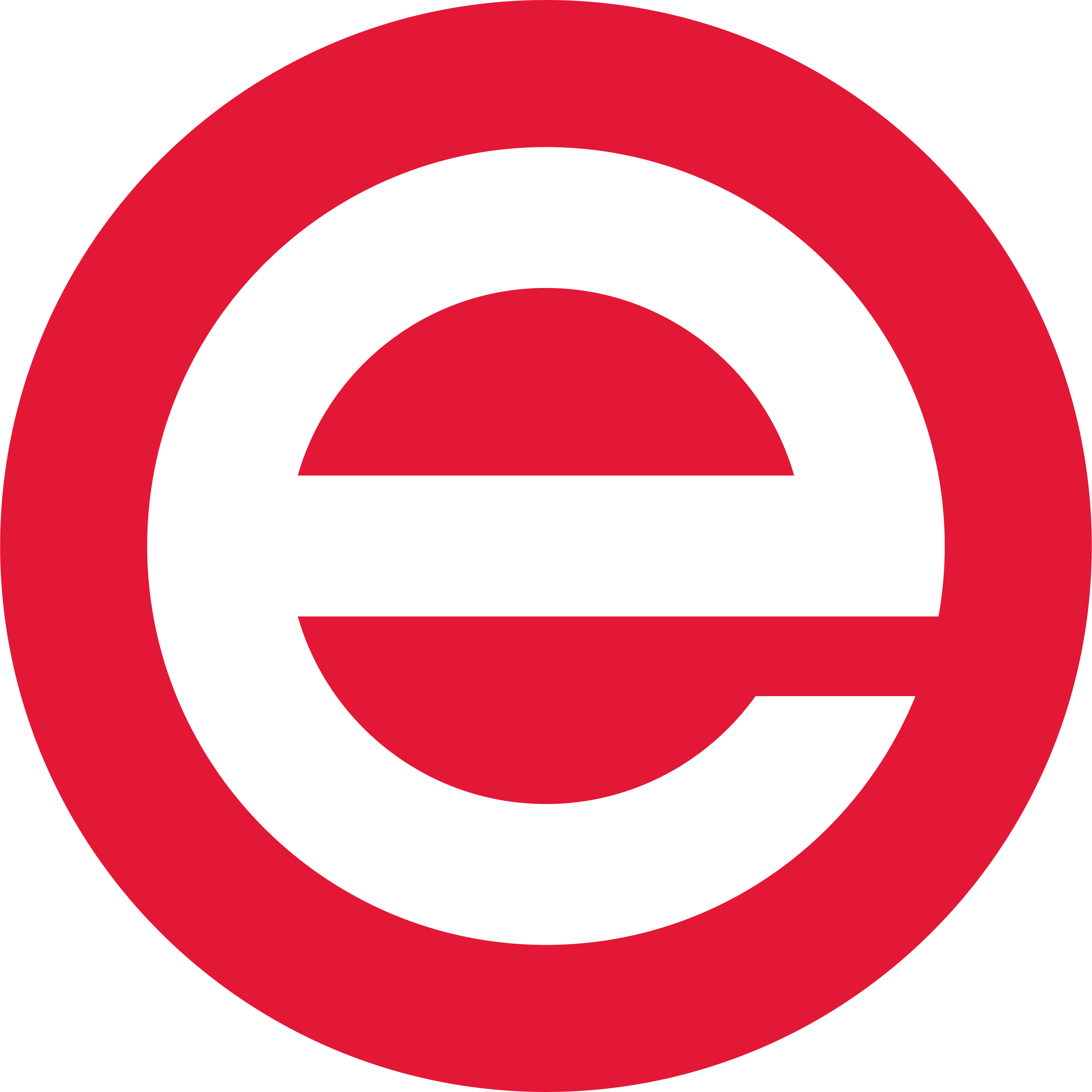 A white lower case "e" on a red background